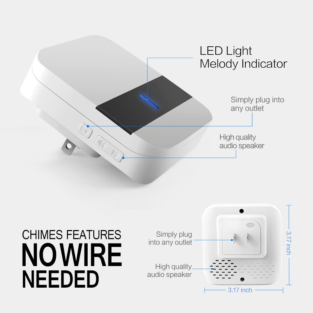 YCZ Wireless Doorbell Chime IP55 Waterproof Operating at Over 1000 Feet Range with 52 Kinds of Ring Tones. No Batteries Required for Receiver