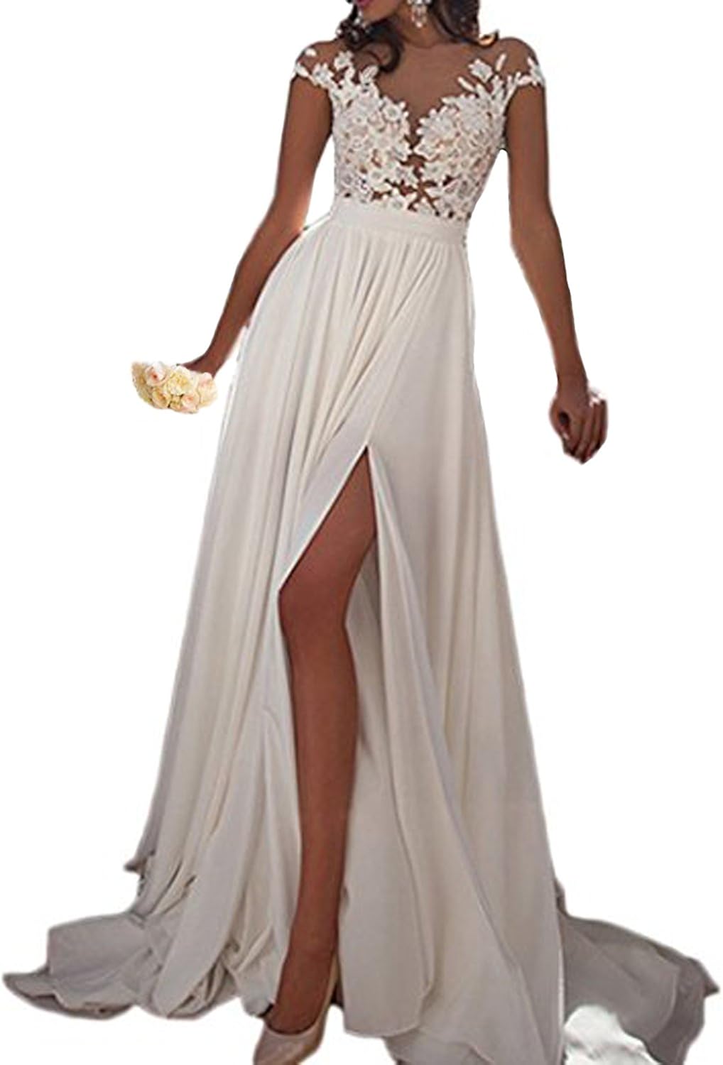 Alanre Sheer Appliques Lace Cap Sleeve Chiffon Beach