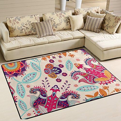 Bohemian Floral Hippie Print Playmat Floor Mat For Dining Room Living Room Bedroom, 7'x5' and 5'3"x4'
