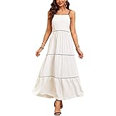 DUKAKII Women's Solid Color Sundress Summer Boho Square Neck Long Dress Spaghetti Strap Back Elastic A line Maxi Dresses