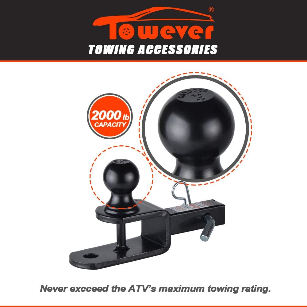 Towever 84031 ATV Hitch Ball Mount 2 inch Ball with 1-1/4 inch Solid Shank, with 1/2 inch Pin & Clip, Rated 2000 lbs: Automotive