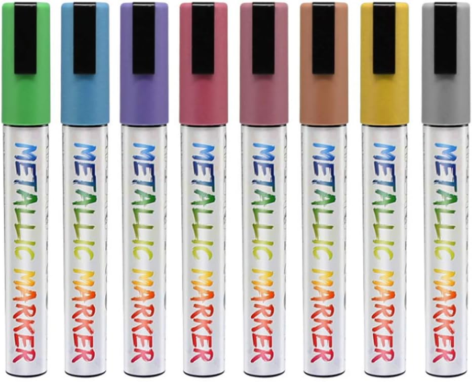 Wet Erase Chalk Markers Metallic Liquid Ink Pens Chalkboard Painting DIY Card Blackboards Glass Water-Based Non-Toxic Reversible Bullet Pack of 8
