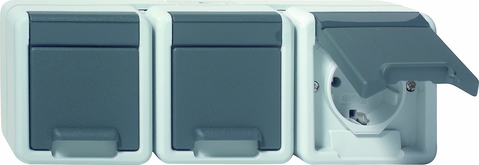 Gira Schuko 1129906 3-Way Socket Waterproof Surface-Mounted, Grey