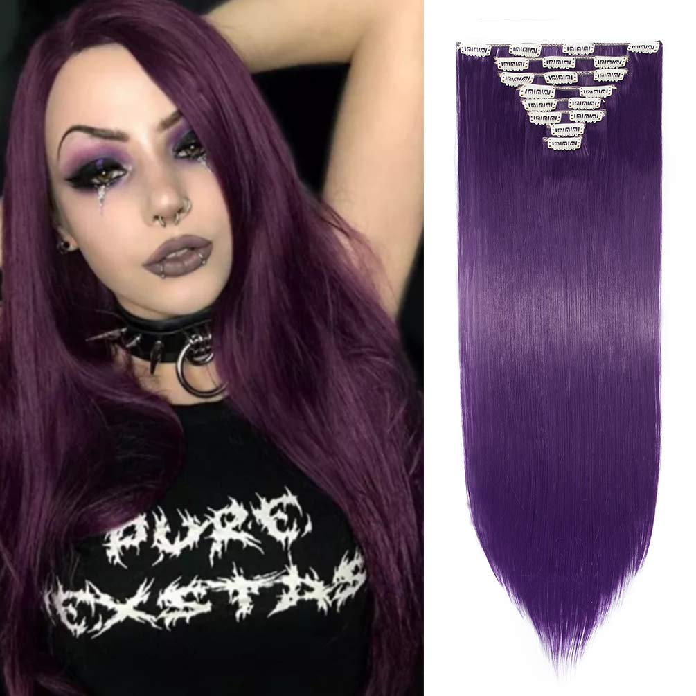 8pcs 26 Inch Clip in Hair Extensions Silky Straight Full Head Hair Pieces Synthetic Hair Extension Dark Purple — image 1