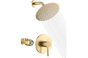 sumerain Brushed Gold Shower Faucet Set with 8 Inches Stainless Steel Rain Shower Head, Solid Brass Rough In Valve