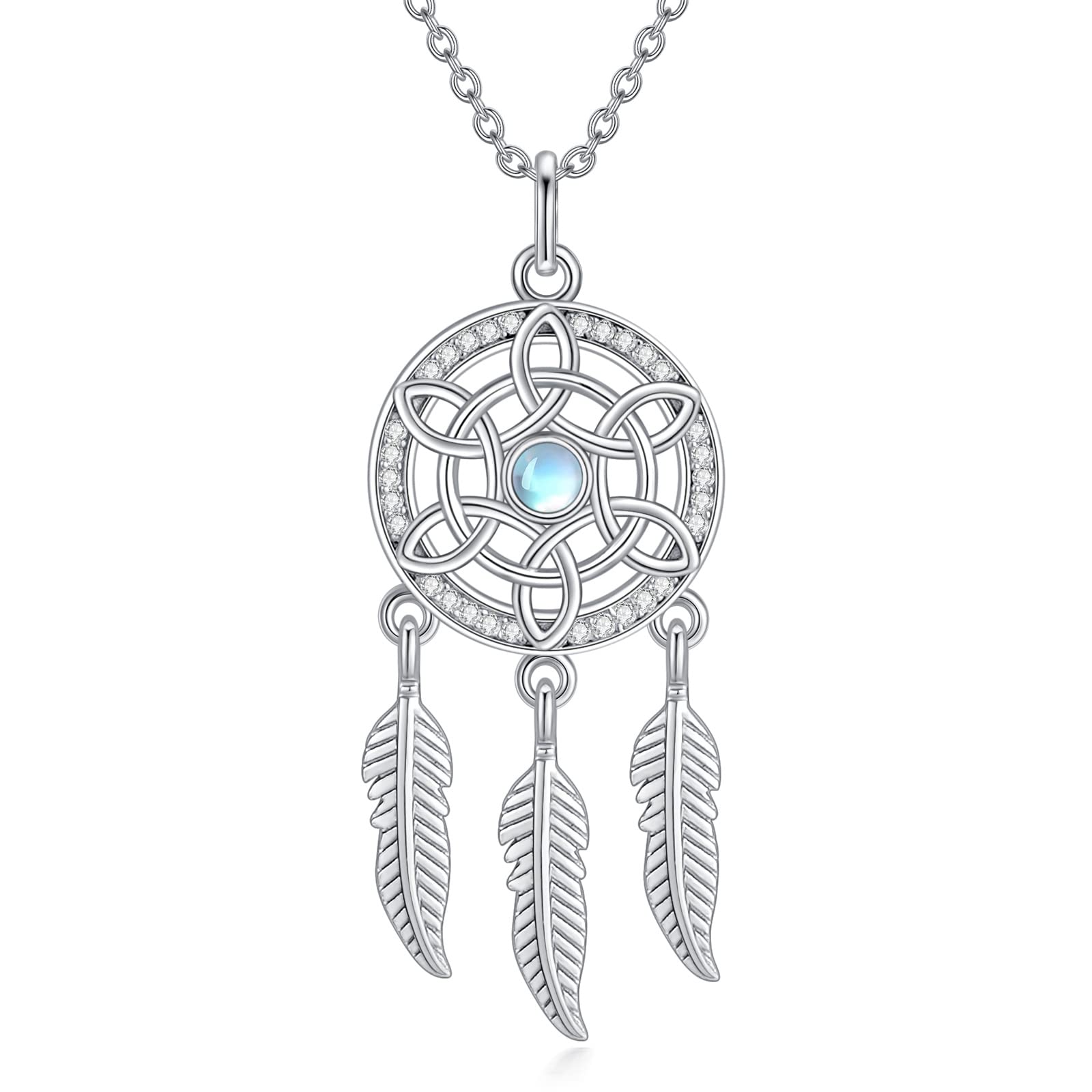 VONALA Dream Catcher Pendent Necklace 925 Sterling Silver Feather Necklace Moonstone Dreamcatcher Boho Jewellery Gifts for Women Grils