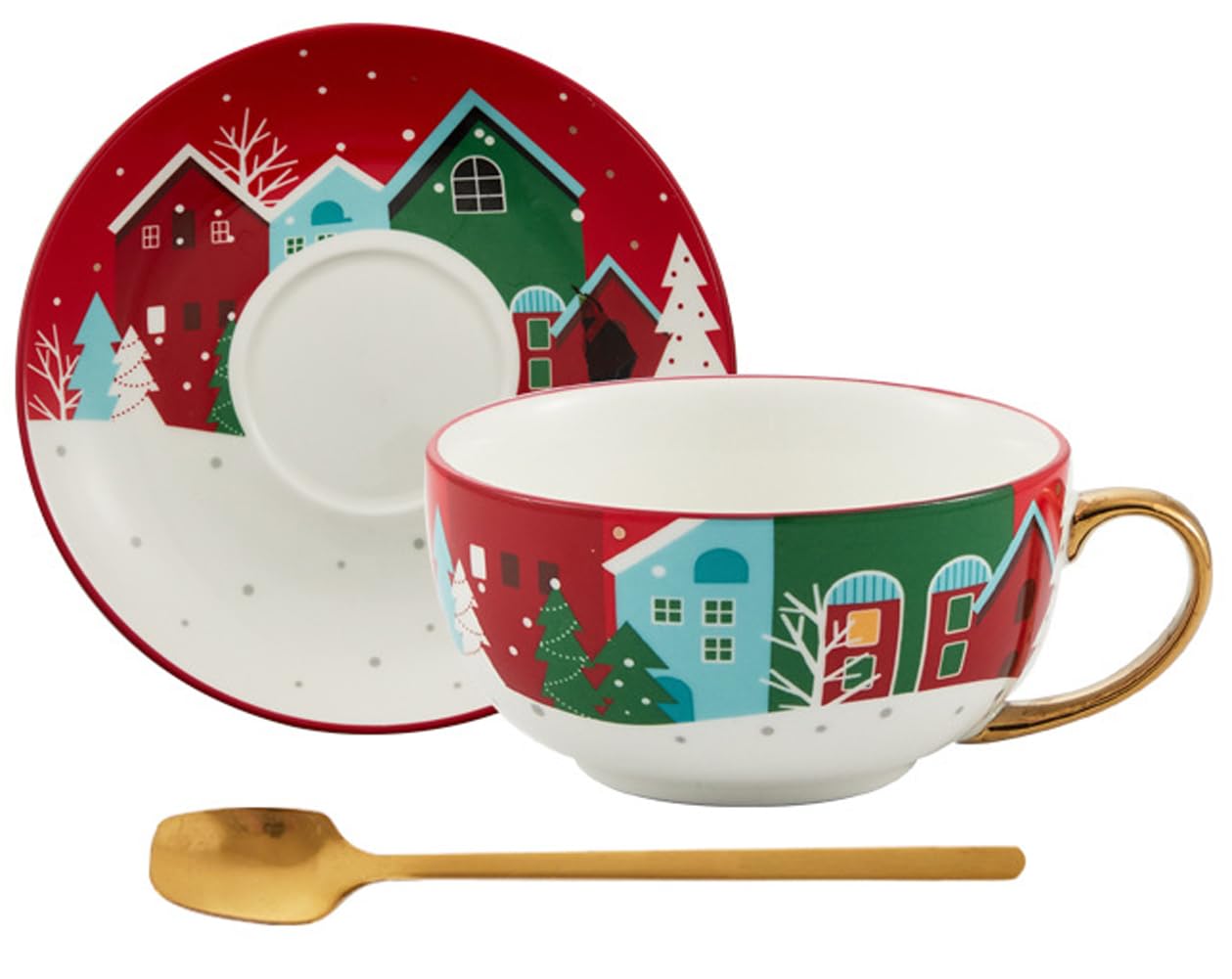 Eplze YBK Tech Ceramic Cup and Saucer Set, 9.5oz Teacup with Saucer, Christmas Series (Houses Pattern)