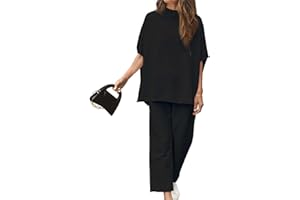 SeeLuNa Women's Two Piece Outfits 3/4 Batwing Sleeve Capelet Crew Neck Pullover Top Wide Leg Pants Lounge Set