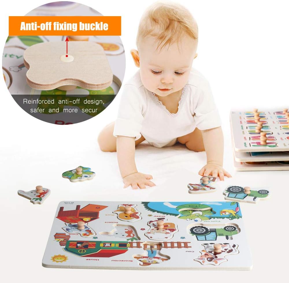 UMTOY 4PCS Wooden Puzzles for Toddlers Peg Puzzle Set, Children's Learning Puzzles with Alphabet and Animal Numbers Shape, Educational and Learning Preschool Puzzle Toys for Babies Boys and Girls: Toys & Games