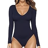 MANGOPOP Women's Long Sleeve Short Sleeve Bodysuit Sexy V Neck Body Suits Fitted Fall Going Out Tops