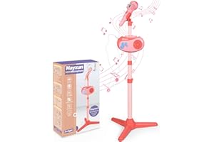 HAYXUN Kids Bluetooth Karaoke Machine with Adjustable Stand, 5-in-1 Karaoke Microphone Toy with Voice Changer, Singing Recorder, Speaker & Lights – Birthday for Girls -Pink