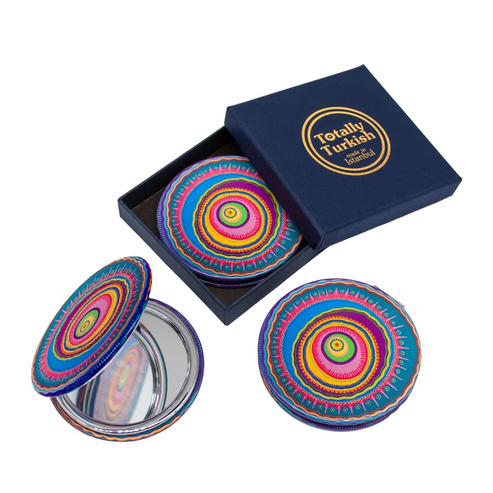Totally Turkish Metal Compact Mirror – Small Folding Round Mirror With Magnetic Close – 1x & 2x Magnification – For Handbags, Make-Up, Travel & Commutes – Bright & Funky Geometric Pattern (Mambo)