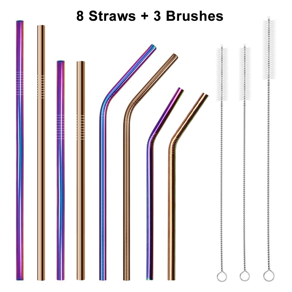 Stainless Steel Drinking Straws CEEBON Reusable Washable Rainbow Straws for 20 30oz Tumblers Ramblers RTIC Yeti Ozark Trail Tumblers Cold Beverage(4 Straight + 4 Bent + 3 Brushes)