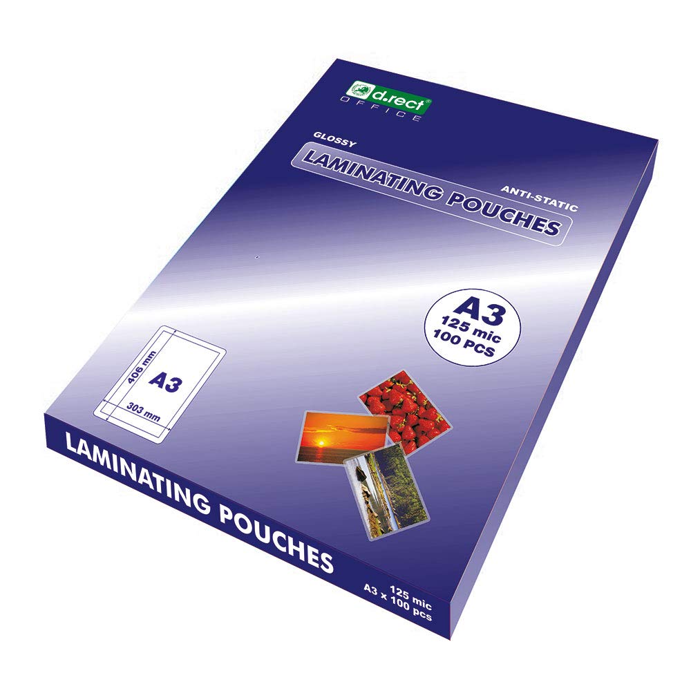 D.RECT Sheets to Laminate A3 - Pack of 100 Units Laminating Pouches 125 Microns 2x125 (250) - Glossy -Transparent - Durable Laminated - Lamination for Long-Lasting Documents