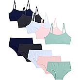 Rene Rofe Girls Underwear Set - 10 Piece Cotton Cami Bralette & Hipster Briefs Matching Training Bras & Panty Set (7-14)