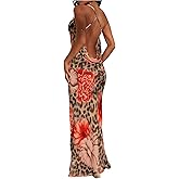 GORGLITTER Women's Leopard Cheetah Print Bodycon Maxi Dress Backless Floral Draped Y2K Cami Dresses