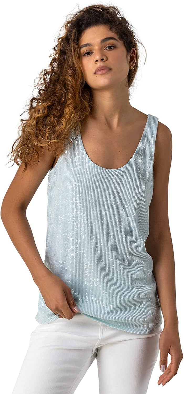 Roman Originals Women Scoop Neck Sequin Cami Top Ladies Special