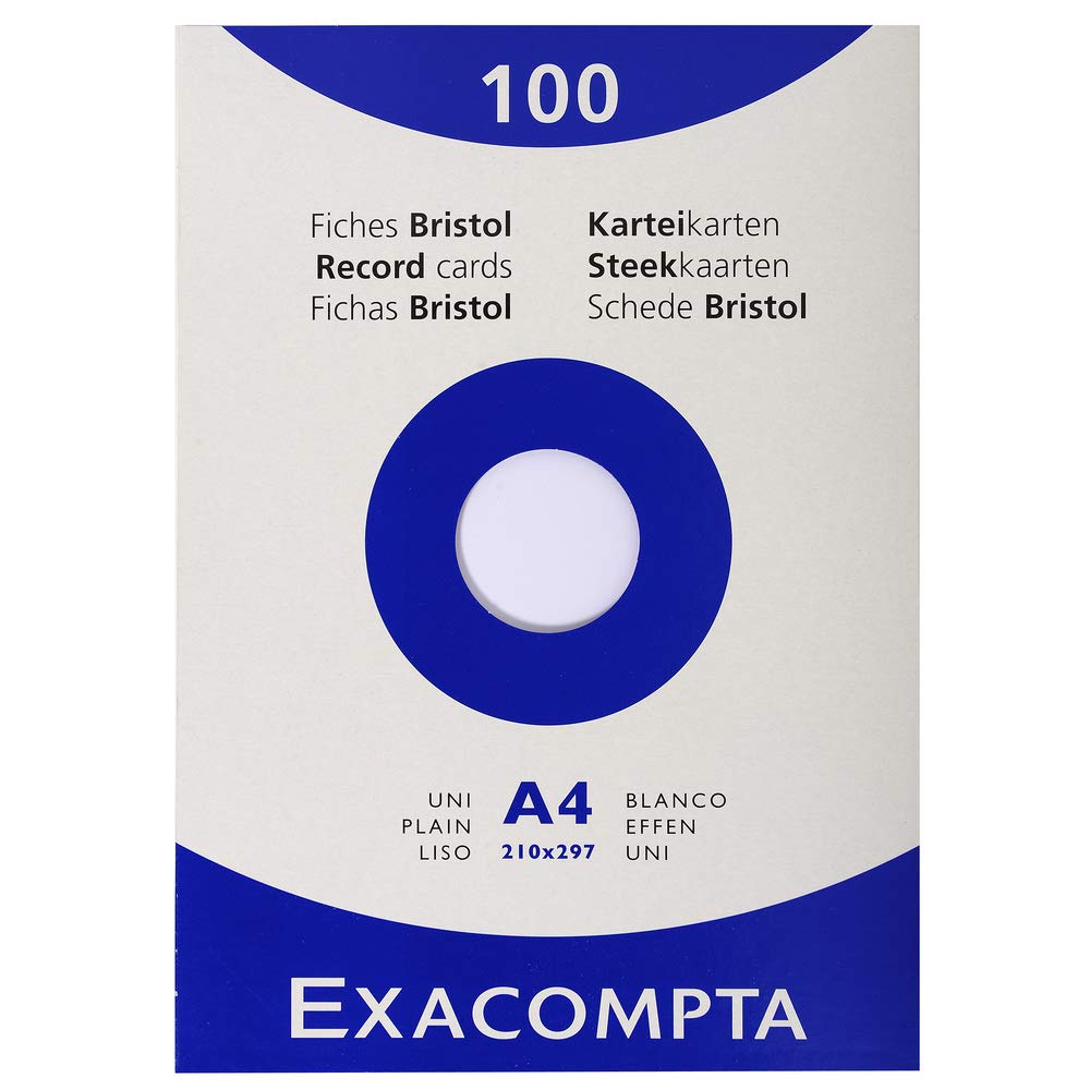 Exacompta - Ref 13306E - Bristol Record Cards (Pack of 100) - A4 (210 x 297mm) in Size, Plain Unruled, 205gsm Card, Laser & Inkjet Printer Compatible - White