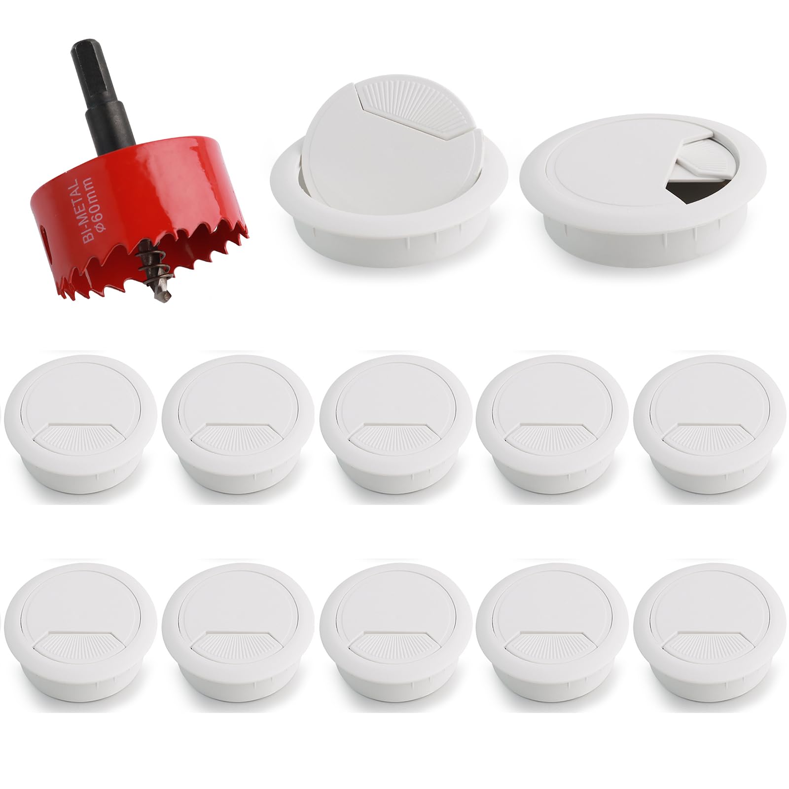 Cable Grommet Desk Diameter 60 mm, Desk Grommet, Pack of 8 White Plastic with a Red Bi-Metal Hole Saw, Cable Passage Table for More Order and Overview in the Workplace