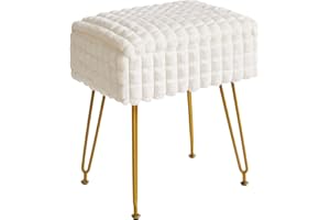 IBUYKE Rectangle Vanity Chair with Storage Space, Footrest Footstool Ottoman, Vanity Stool, Dressing Table Chair, with Anti-Slip Feet, for Makeup Room, Bedroom, Square Grid Pattern, White WBD004W