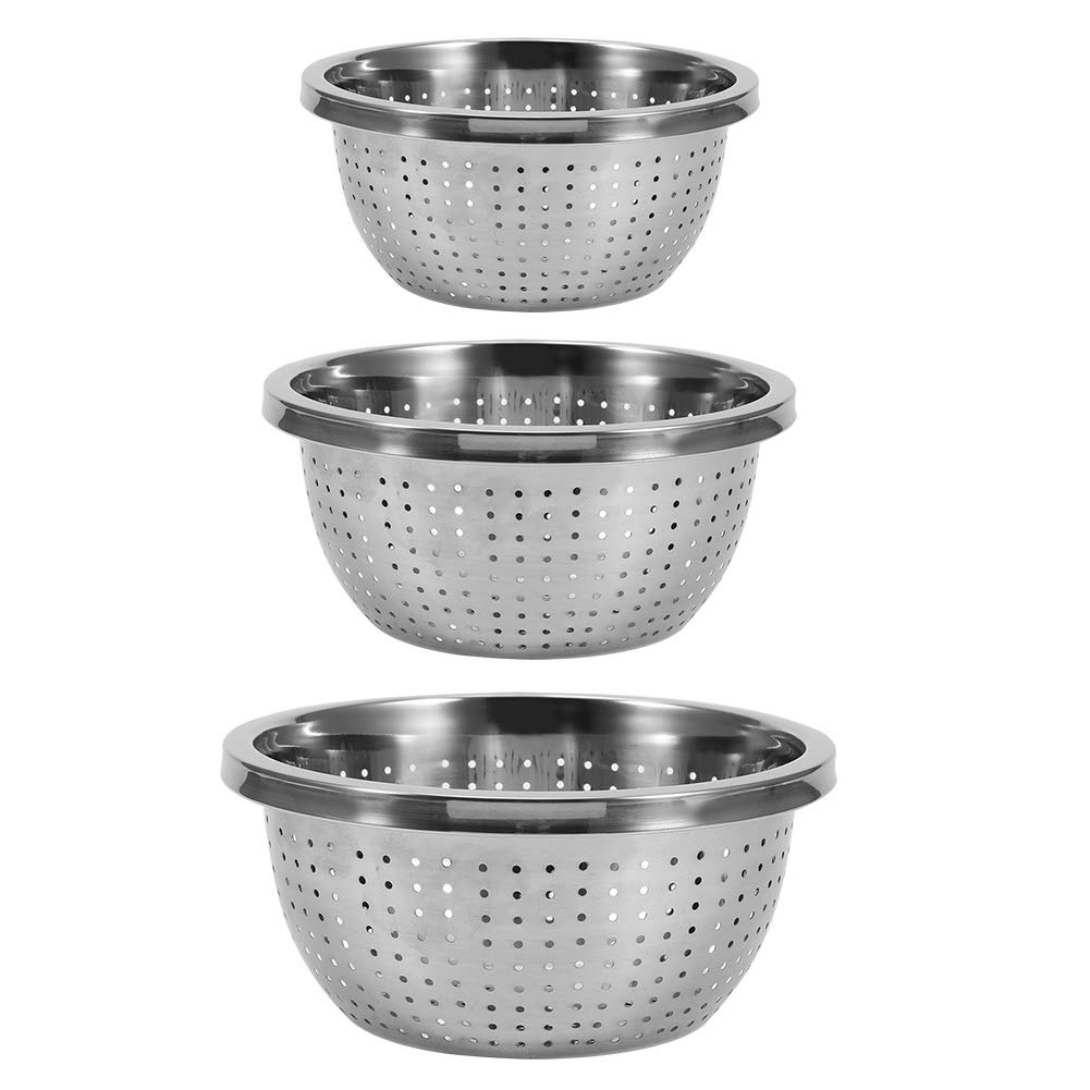 Alvinlite Colander Set of 3, Stainless Steel Rice Sieve Rice Washing Filter Strainer Drainer, Rice Washing Bowl Micro-Perforated Kitchen Integrated Strainer for Pasta Vegetables Fruits, 20/24/28cm