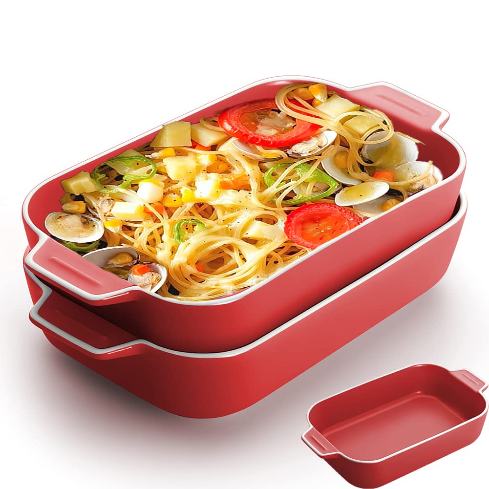 YFWOOD 2PCS Ceramic Baking Dishes, 9x5 Inch Individual Lasagne Pans, Anti-Crack Oven Safe with Handles (Red)