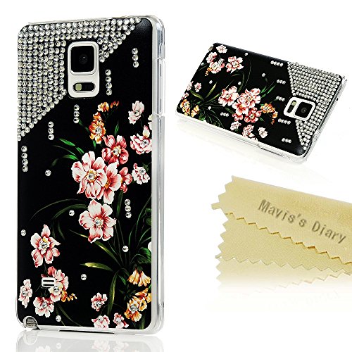 Note 4 Case,Samsung Note 4 Case - Mavis's Diary 3D Handmade Bling Crystal Special Painted Series Pink Retro Vine Flowers Black Pattern with Shiny Glitter Sparkly Diamond Rhinestone Clear Hard Back Case Cover for Samsung Galaxy Note 4 SM-N910S SM-N910C with Soft Clean Cloth (One Case)