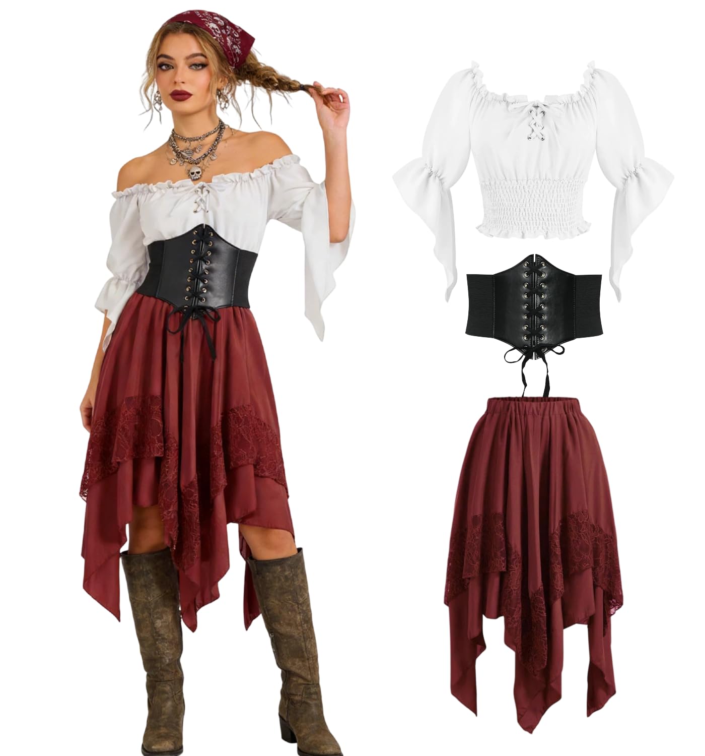 minkasic Medieval Costume Women Set Elegant Top, Skirt, Corset Belt for Renaissance Faire (Red, S)