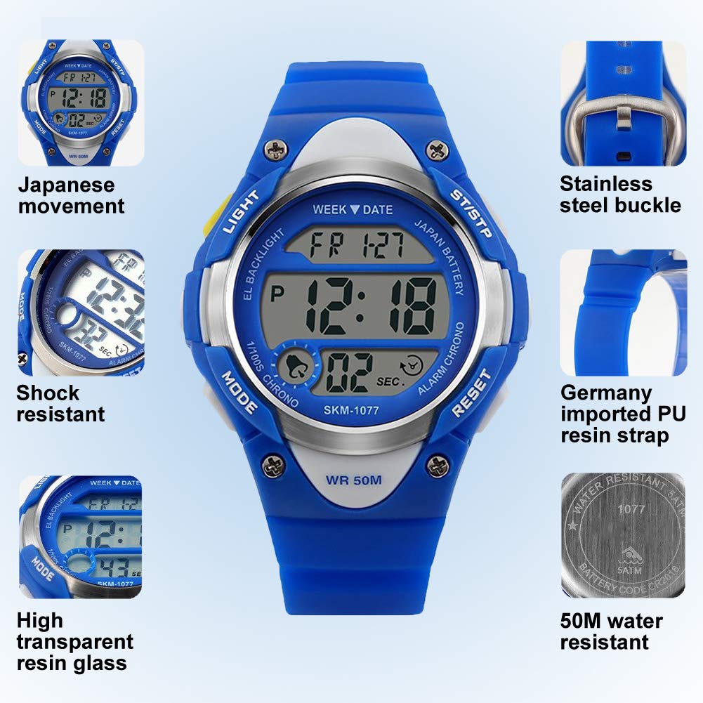 ragazzi orologi digitali, bambini orologio sportivo con allarme, outdoor 50 m impermeabile cronometro orologi da polso con luce LED elettronico per adolescenti ragazzi - blu by Foruner
