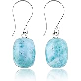 DEVMUKTI Natural Sky-Blue Larimar Gemstone Earrings, 925 Sterling Silver Bohemian Earrings, Handmade Cabochon Jewelry, Healing Crystals, Earrings for Women (Approx.14x10 to 16x12mm)