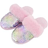 Girls Plush House Slippers Fluffy Sequin Slippers, Cute Faux Fur Slip-on Shoes Memory Foam House Slipper