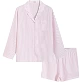 Latuza Women's Cotton Seersucker Pajama Set Long Sleeve Button Down Shirt Shorts
