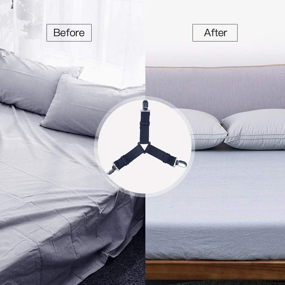 Roomir 4PCS Bed Sheet Fasteners, Adjustable Triangular Bed Sheet Holder Straps for Corners, with Sheet Clips Keeping Sheets in Place, Elastic Grippers Suspenders for Mattress, Sofa, Cushion etc.: Home & Kitchen