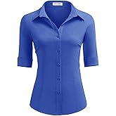 HOTOUCH Women's Basic Button Down Shirts 3/4 Sleeve Stretch Button Up Dress Shirt Slim Fit Waitress Work Shirts