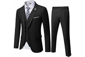 Hihawk Men's 3 Piece Suit with Stretch Fabric, Solid Slim Fit One Button Suit Blazer Set, Jacket Vest Pants with Tie.