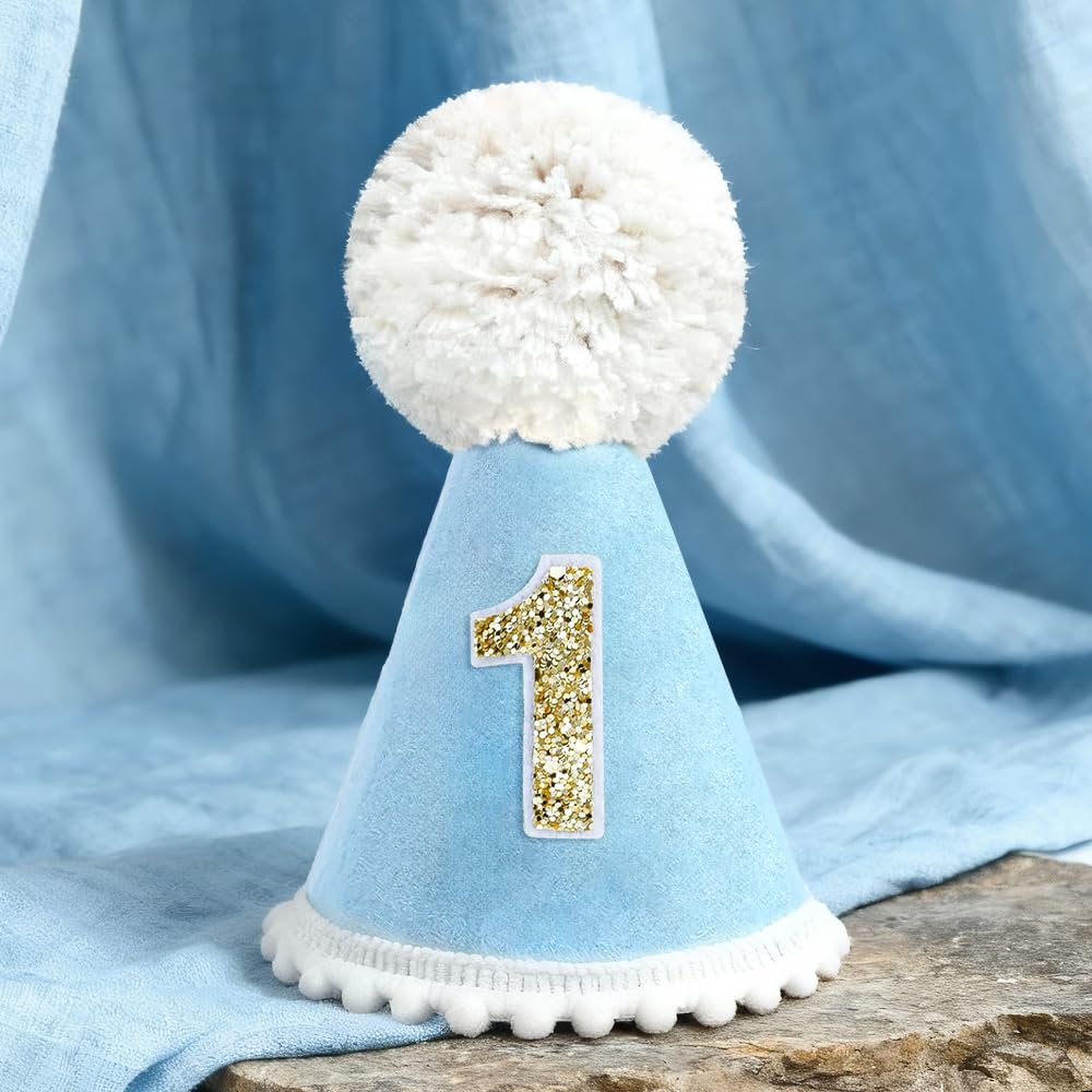 HSC 1st Birthday Hat, 1st Birthday Decorations for Boys, Baby Boy Party Hat with Shiny 1" and Big Pom Pom for Baby's Unforgettable 1st Birthday Celebration