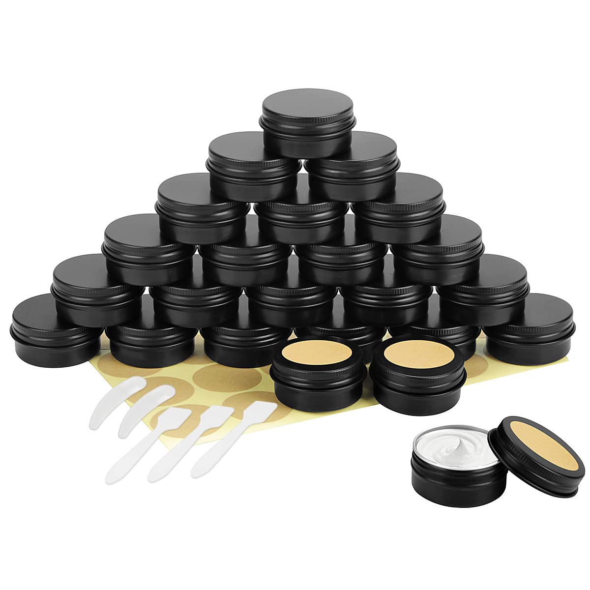 BELICOO 24 Pcs Aluminum Tin Jars, 20ml Cosmetic Container Pots with Screw Lids, Labels and Mini Spatula for Cream, Candle, Sample, Powder, Makeup Storage (Black)
