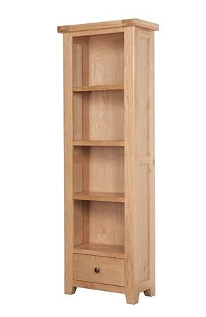 Devon Solid Oak Tall Narrow Bookcase With 1 Drawer Natural Oak