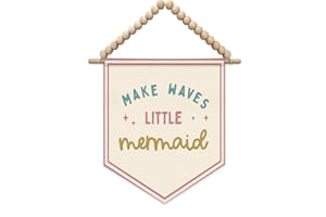 SJDFCSA Pink Mermaid Ocean Nursery Wall Art Decor, Girls Room Decor, Make Waves Little Mermaid Coastal Beach Boho Nursery Wall Hanging Display Pennant Flag for Baby Little Girls Toddler Room Bedroom