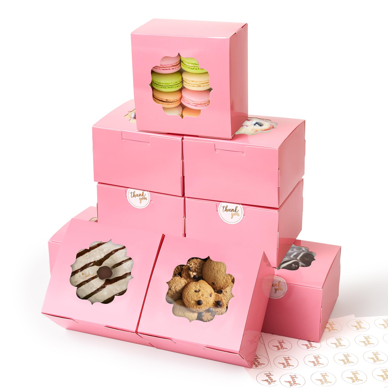 Photo 1 of Shallive 4-Inch Small Cookie Boxes 50 Pcs Pink - Bakery Treat Boxes with Window for Barbie Favor To-go Containers for Cake Slice, Macarons, Donuts 4x4x2.5