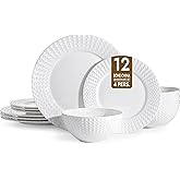 KINGSTONE Bone China Dinnerware Set, 12-Piece White Lightweight Porcelain for 4, Plates and Bowls with Rhombus patterned edge design, Microwave and Dishwasher Safe, for Family, Restaurant, Gifting