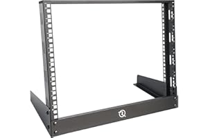 RIVECO 8U Desktop Rack for Network & Audio, 19 Inch 2 Post Open Frame Cabinet with Reinforced Beam, Free Standing Racks for IT Server Music recording Studio AV Equipment