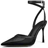 XUNHGAXE Women's Pointed Toe Stiletto Heel Mesh and Faux Leather Adjustable Ankle Strap Sandals, Beaded,Leopard,Wedding Styles, Black,Beige,White,Brown Dress Footwear