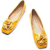C.Paravano Ballet Flats for Women | Womens Square Toe Flats | Slip On Dress Shoes | Women's Leather Shoes | Flower Flats (Size 7.5,N-Yellow)