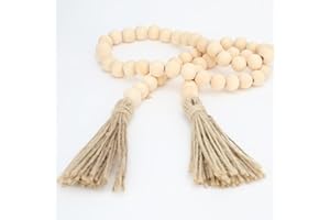 HomeCheer 39 inches Natural Wood Bead Garland with Tassels Farmhouse Rustic Country Beads for Christmas Tree Home Decoration Room Decor Wall Hanging Curtain Rod Accents and Shelf (39in / 3.3ft)