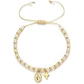 Glowave Catholic Gold Cross Bracelet for Women, Beaded Adjustable Faith Jewelry with Moonstone and Virgin Mary Medal, Religious Gifts for Women