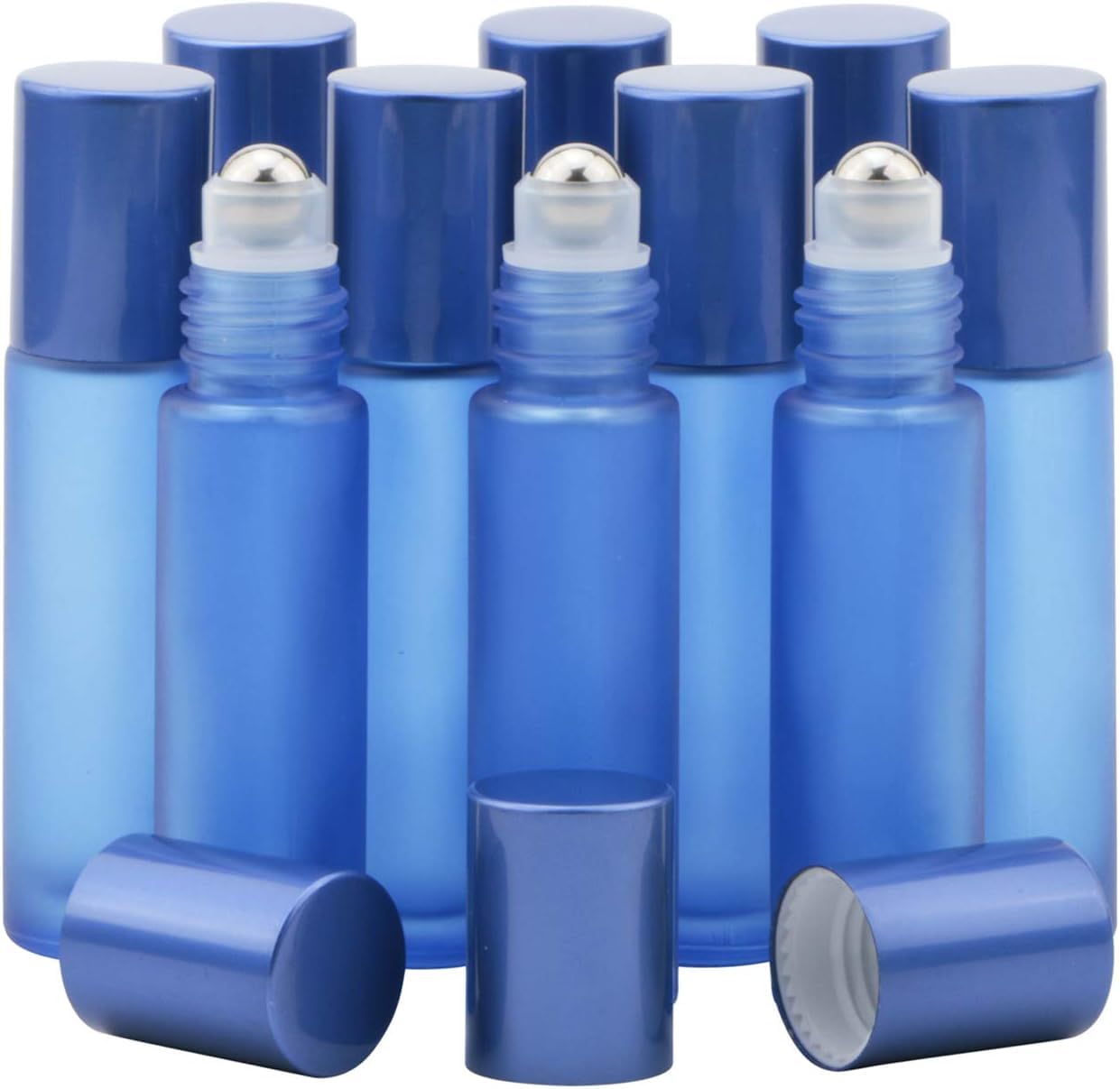 Rowiz 10ml Glass Roller on Bottle, Refillable Empty Bottle with Stianless Steel Ball for Aromatherapy, Perfumes and Essential Oils, Pack of 10 (Blue)