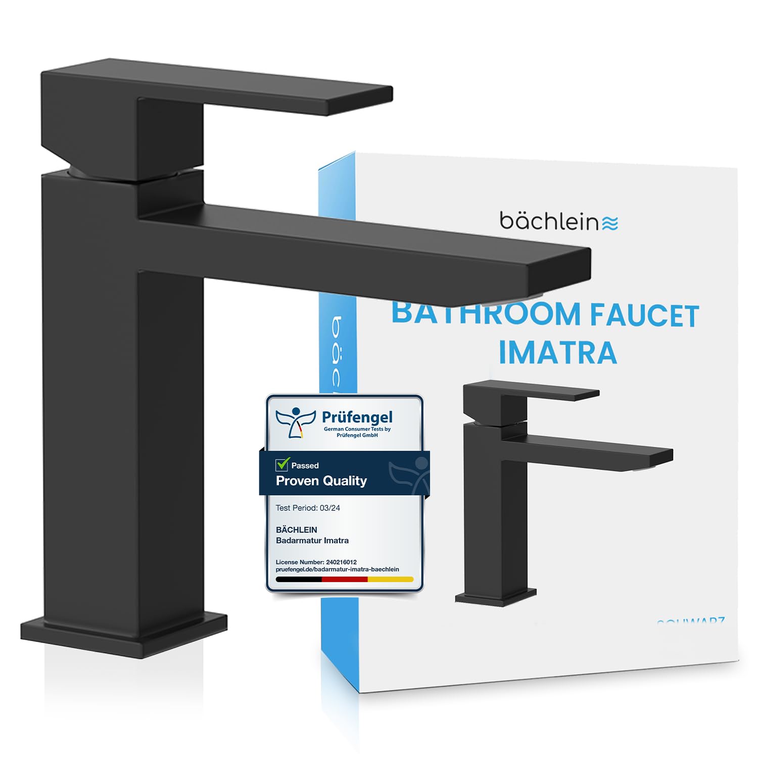 Bächlein Faucet for The Bathroom in Angular Design, Single-Lever Mixer with Clear Lines in a Modern Look, Matt Black Bathroom Water Tap