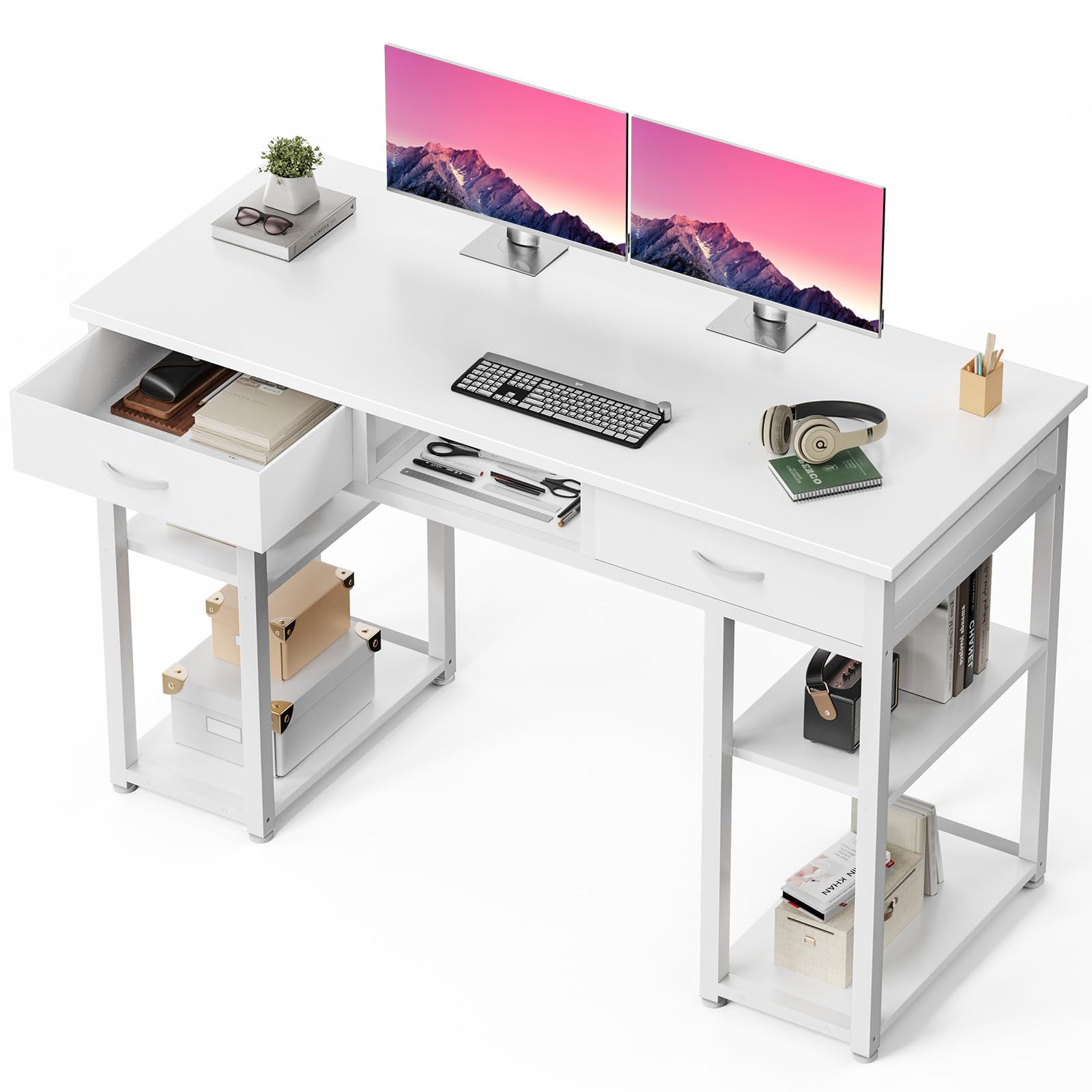 DUMOS 48" Small Computer Home Office Desk for Bedroom with Drawers, Gaming Writing Study Table with Storage Shelf, Adjustable Feet, Metal Frame White Image