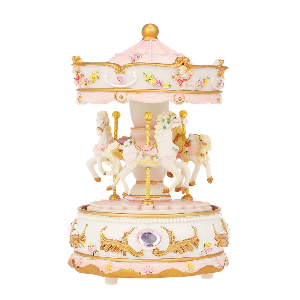Docooler Mini Carousel Clockwork Music Box Colorful LED Merry-go-round Musical Box Gift for Girlfriend Kids Children Christmas Festival Blue